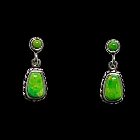 BARSE Green Turquoise Sterling Silver Rope Framed Pierced Drop Dangle Earrings